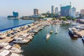 Yachts parking in harbor at sunset, Harbor yacht club Royalty Free Stock Photo