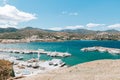 Yachts parking or port with yachts and sailboats, view from above. Mediterranean village with port, panoramic view