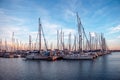 Yachts in the port, sailboat harbor in the evening photo. Beautiful moored sail yachts in the sea port, Catalonia Royalty Free Stock Photo