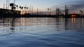 Yachts sailboats in marina harbour. Sail boat masts in twilight. Dusk in harbor, California USA. Royalty Free Stock Photo