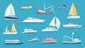 Yachts and sailboats. Small sea transport, motorboat and fishing ship. Flat marine regatta boat, ocean vessel with sail Royalty Free Stock Photo