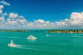 Yachts and sailboats in turquoise sea in key west, usa. Seascape with islands and boats on cloudy blue sky. Sailing and Royalty Free Stock Photo