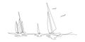 Yachts on sea waves. Seagull in the sky. Draw one continuous line illustration. Isolated on white background Royalty Free Stock Photo