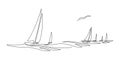 Yachts on sea waves. Seagull in the sky. Draw one continuous line. Illustration. Isolated on white background Royalty Free Stock Photo