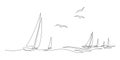 Yachts on sea waves. Seagull in the sky. Draw one continuous line. Illustration. Isolated on white background Royalty Free Stock Photo