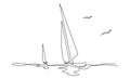 Yachts on sea waves. Seagull in the sky. Draw one continuous line. Vector illustration. Isolated on white background Royalty Free Stock Photo