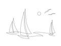 Yachts on sea waves. Seagull in the sunny sky. Continuous line drawing. Vector illustration. Isolated on white background Royalty Free Stock Photo