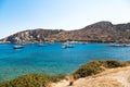 Yachts and ships waiting at the ancient city port of Knidos are on vacation.Turkey Mugla Datca, June 28 2023