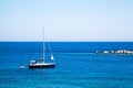 Yachts and ships waiting at the ancient city port of Knidos are on vacation.Turkey Mugla Datca, June 28 2023