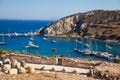 Yachts and ships waiting at the ancient city port of Knidos are on vacation.Turkey Mugla Datca, June 28 2023