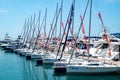 Yachts and speed boats at harbor. yachts moored in the port. Ocean Coast pier. High class lifestyle.
