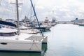 Speed boats at harbor. Power boats moored in marina. Sea coast pier Royalty Free Stock Photo