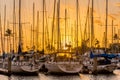 Yachts at sunset at Ala Wai Small Boat Harbor in Honolulu, Hawaii Royalty Free Stock Photo