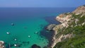 Turquoise water surface and rocky coastline of the Black Sea coast Panorama