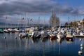 Yachts on winter parking lot on Lake Geneva