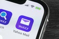 Yahoo Mail application icon on Apple iPhone X smartphone screen close-up. Yahoo mail app icon. Social network. Social media icon