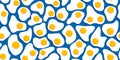 Many fried eggs on blue background, food in the flat style, abstract vector design seamless pattern Royalty Free Stock Photo