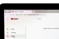 YAINVILLE, FRANCE - SEPTEMBER 18, 2018. Youtube history page sharing service on laptop screen close-up. Internet service