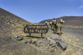 YAIZA, LANZAROTE / SPAIN - APRIL 12, 2017: Tourists on camel entering Timanfaya National Park sign `National Park no passing`