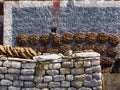 Yak patties drying on the walls of a tibetan house, Sakya, Tibet, China