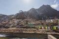 Yak riding mountain spot with Tibetan prayer flags with sunlight and clear sky in winter in Tashi Delek near Gangtok. North Sikkim Royalty Free Stock Photo