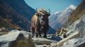 Yak on the way to Everest base camp, Nepal, Himalayas. The horned longhair buffalo. AI Generative