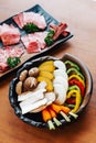 Yakiniku Grilled Meat vegetables set include carrot, sliced bell pepper, sliced onion, sliced pumpkin, eryngii and shitake. Royalty Free Stock Photo