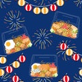 Yakisoba at Japanese summer festival seamless pattern background. Cartoon hand drawn Japanese street food, Asian food. Royalty Free Stock Photo