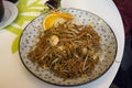 Yakisoba noodles fried with meat and sweet sauce with vegetable