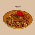 Yakisoba, stir-fried noodle with meat and vegetables. hand draw sketch vector