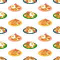 Yakisoba in various flavors seamless pattern background. Cartoon hand drawn Japanese street food, Japanese stir-fried noodles. Royalty Free Stock Photo