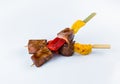 Yakitori Beef Skewers with bell pepper served with sauce isolated on white background Royalty Free Stock Photo