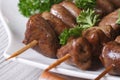 Yakitori grilled chicken hearts on skewers close-up, horizontal Royalty Free Stock Photo