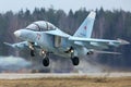 Yakovlev Yak-130 RF-81681 training aircraft of Russian air force during Victory Day parade rehearsal at Kubinka air force base.