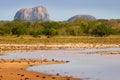 Yala National Park, Sri Lanka, Asia. Beautiful landscape, lake with water flowers and old trees. Forest in Sri Lanka, Big stone ro