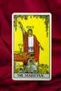 THE FOOL major tarot card of Rider Waite deck on red fabric background Royalty Free Stock Photo