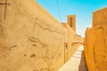 Yald Old town architecture walls and corridor in Yazd historical city. Street plates and siesta concept. Nobody in streets mid