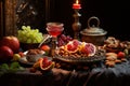 Yalda night traditional food background with pomegranate,watermelon and dried nuts on table