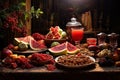 Yalda night traditional food background with pomegranate,watermelon and dried nuts on table