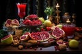 Yalda night traditional food background with pomegranate,watermelon and dried nuts on table