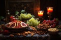 Yalda night traditional food background with pomegranate,watermelon and dried nuts on table