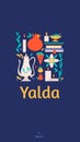 Yalda social media story template with symbols of the holiday - watermelon, pomegranate, nuts, candles and poetry books