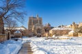 Yale university buildings in winter after snow storm Linus Royalty Free Stock Photo