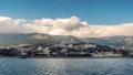 Yalta city panorama, view from water. Crimean resort on Black Sea, beautiful town at foot of mountains