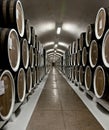 Barrels of wine in cellar in Massandra winery, Yalta, Crimea Royalty Free Stock Photo