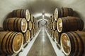 YALTA, CRIMEA - OCTOBER 17, 2018: Barrels of wine in the cellar of the winery Massandra. Royalty Free Stock Photo