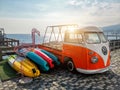 Yalta, Ukraine - October 31,2021: Old retro vintage bright orange white VW T1 bulli camper van bus customized as kayak