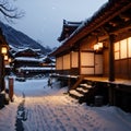 Yamagata, Japan-Febuary 27, : Landscape View Of Ginzan Onsen, One Of The Most Famous Hot Springs Old Town With Snow,