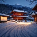 Yamagata, Japan-Febuary 27, : Landscape View Of Ginzan Onsen, One Of The Most Famous Hot Springs Old Town With Snow,