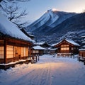 Yamagata, Japan-Febuary 27, : Landscape View Of Ginzan Onsen, One Of The Most Famous Hot Springs Old Town With Snow,